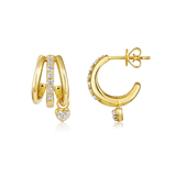 14K Gold 0.5ct Natural Diamond  Triple Row Pavé Heart Drop Hoop Earrings