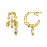 14K Gold 0.6ct Natural Diamond  Triple Row Pavé Pear Drop Hoop Earrings