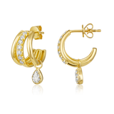 14K Gold 0.6ct Natural Diamond  Triple Row Pavé Pear Drop Hoop Earrings