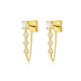 14K Gold 0.3ct Natural Diamond  Emerald Stud Bezel Chain Drop Earrings
