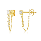 14K Gold 0.3ct Natural Diamond  Emerald Stud Bezel Chain Drop Earrings