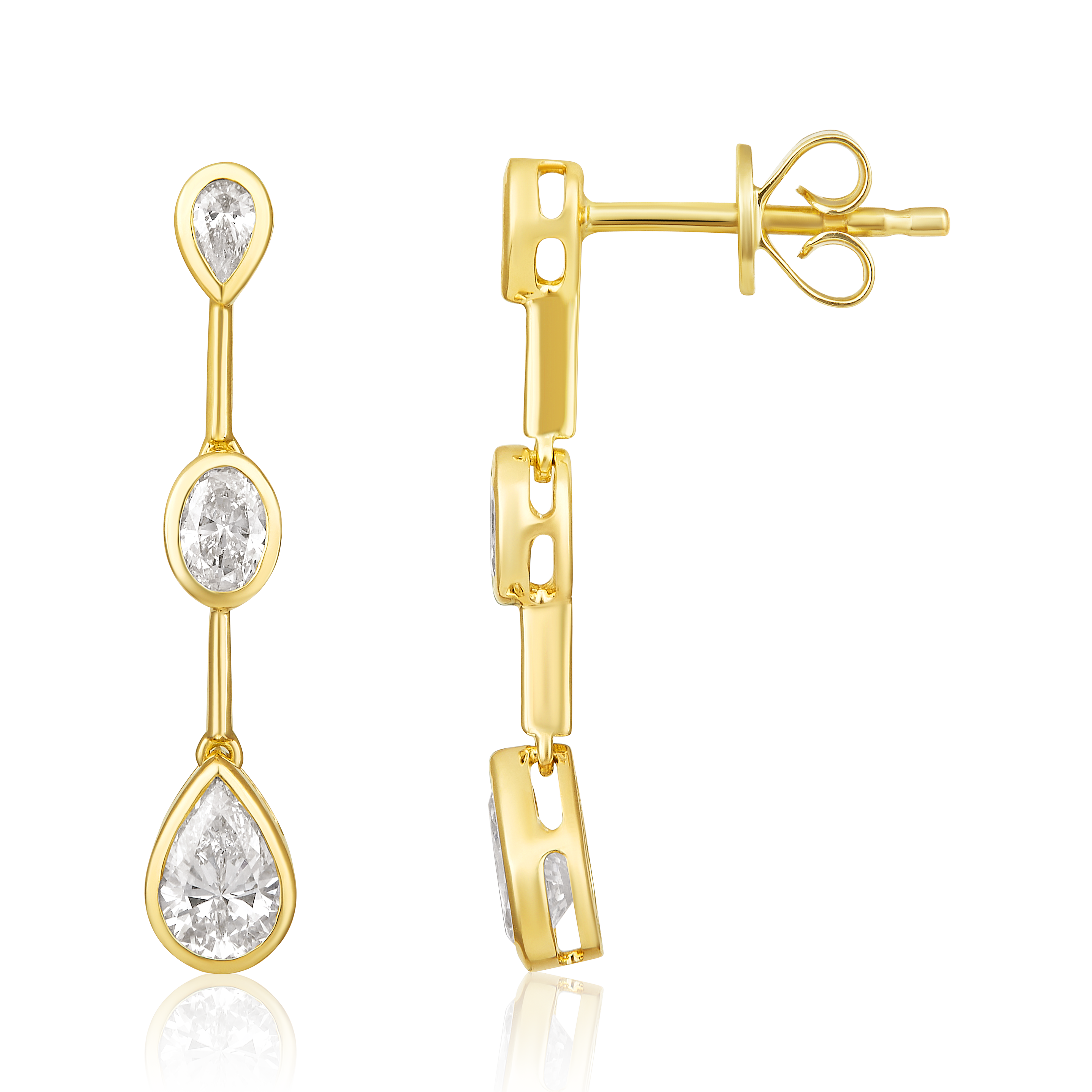 14K Gold 1ct Natural Diamond Pear Oval Bezel Drop Earrings