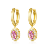 14K Gold 0.7ct Natural Diamond Oval Pink Sapphire Halo Drop Huggie Earrings