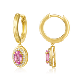 14K Gold 0.7ct Natural Diamond Oval Pink Sapphire Halo Drop Huggie Earrings
