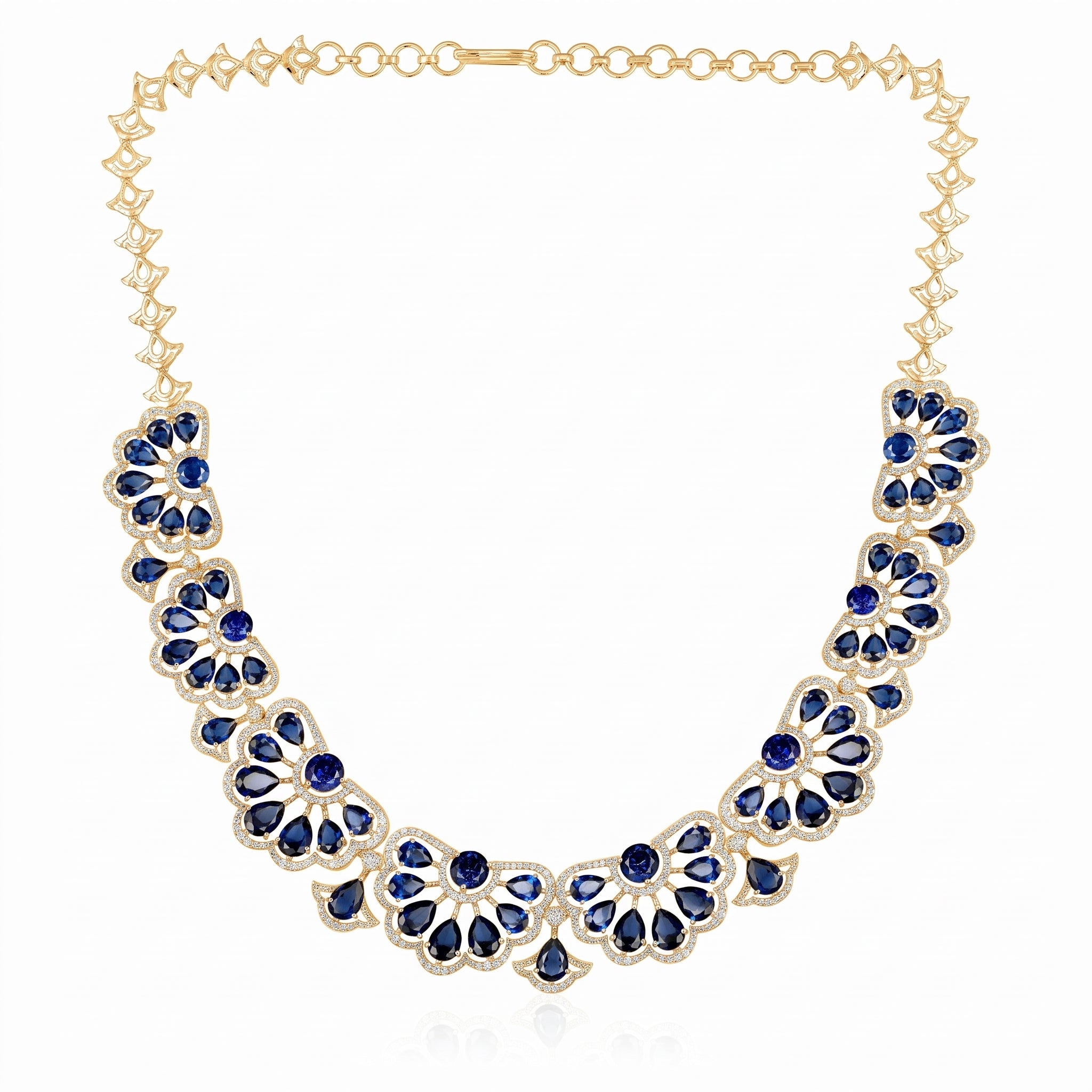 14K Gold 35.4ct Natural Diamond w/ Simulated Sapphire Necklace Earrings Set