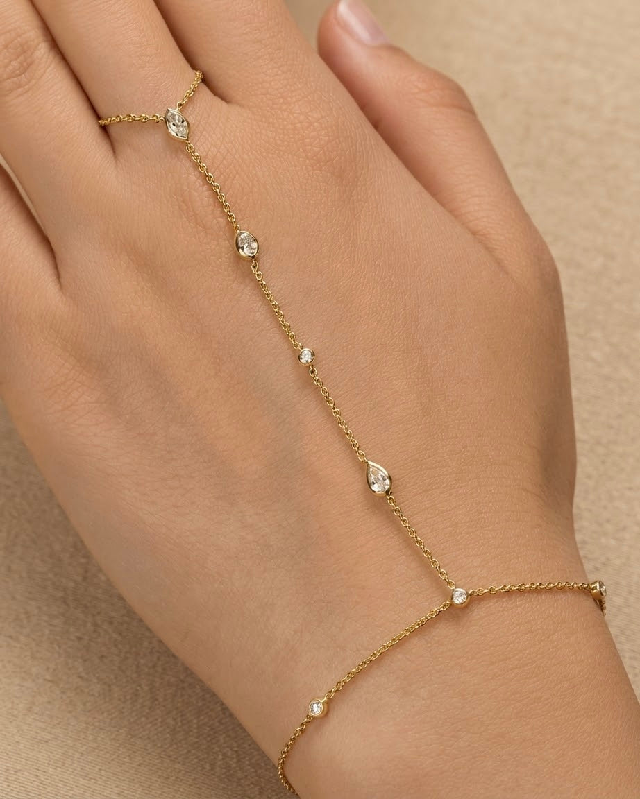 14K Gold 0.5ct Natural Diamond Marquise Pear Bezel Hand Chain