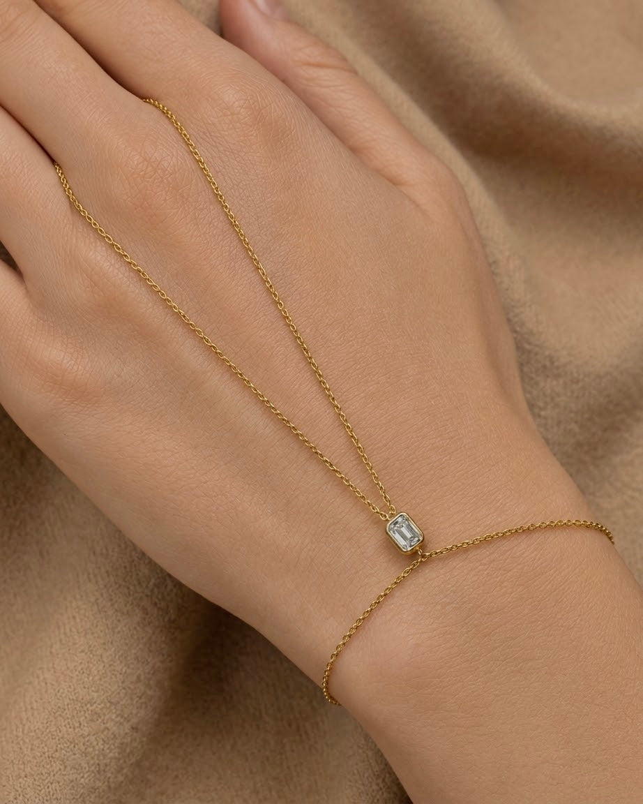 14K Gold 0.6ct Natural Diamond East West Emerald Bezel Hand Chain
