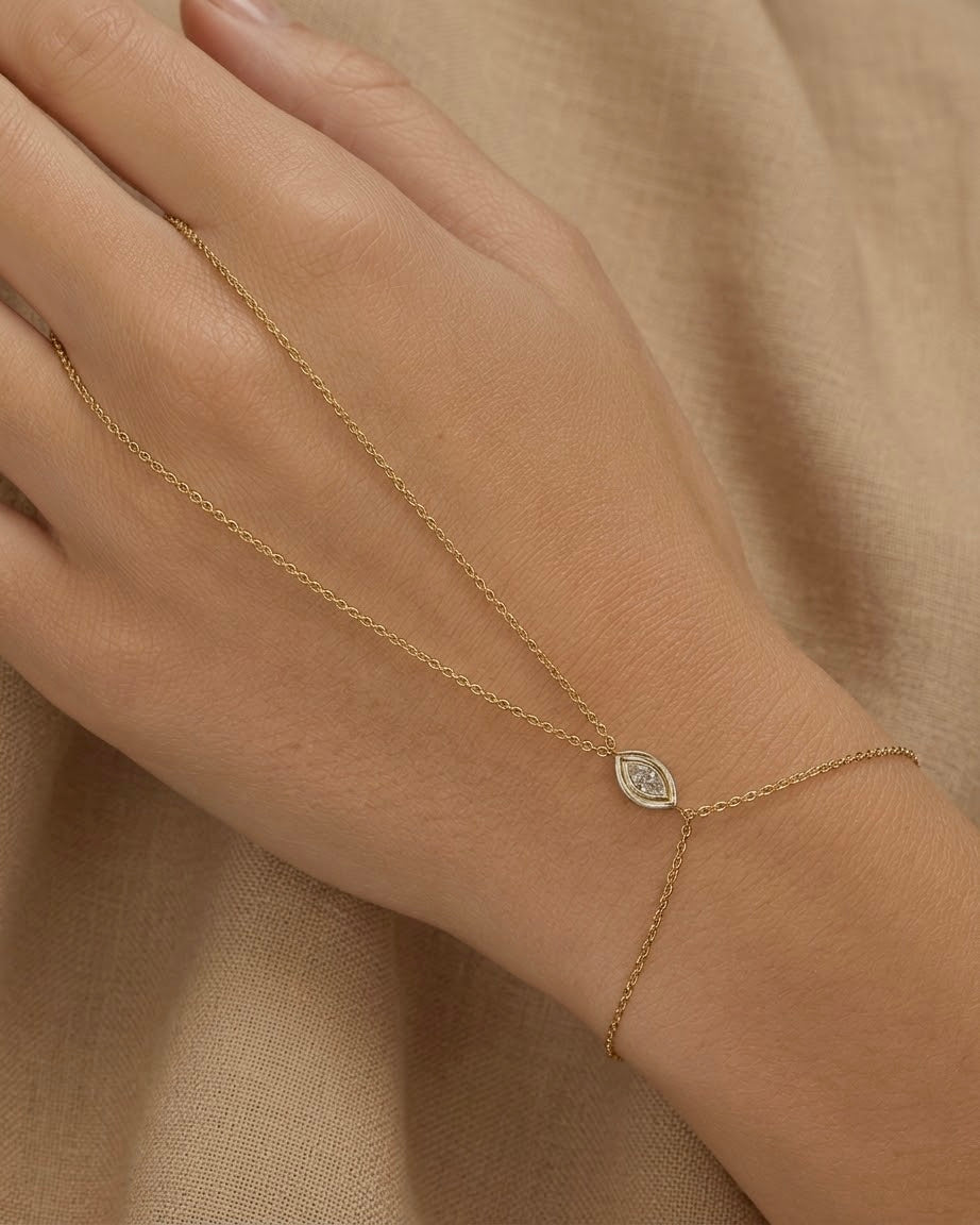 14K Gold 0.3ct Natural Diamond East West Marquise Bezel Hand Chain
