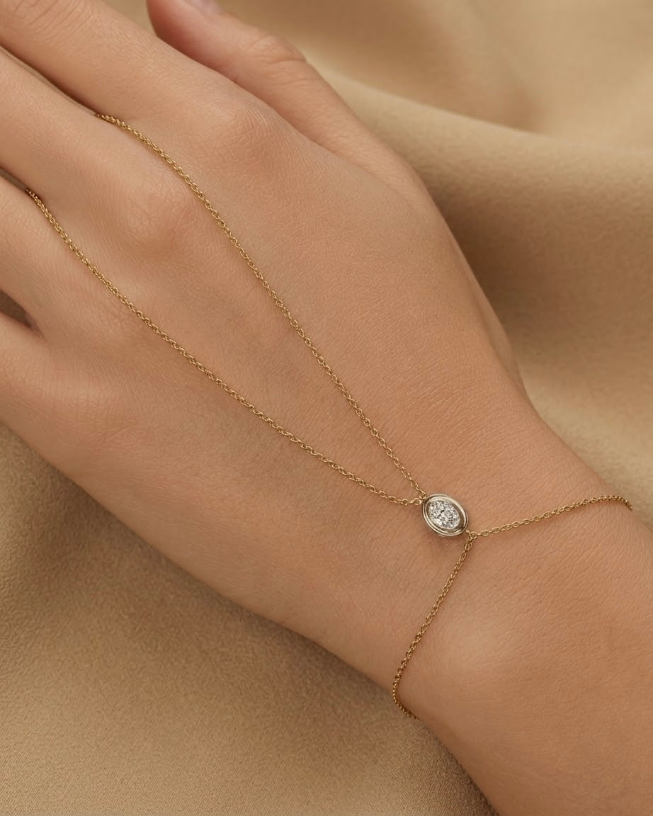 14K Gold 0.4ct Natural Diamond Oval Bezel Hand Chain
