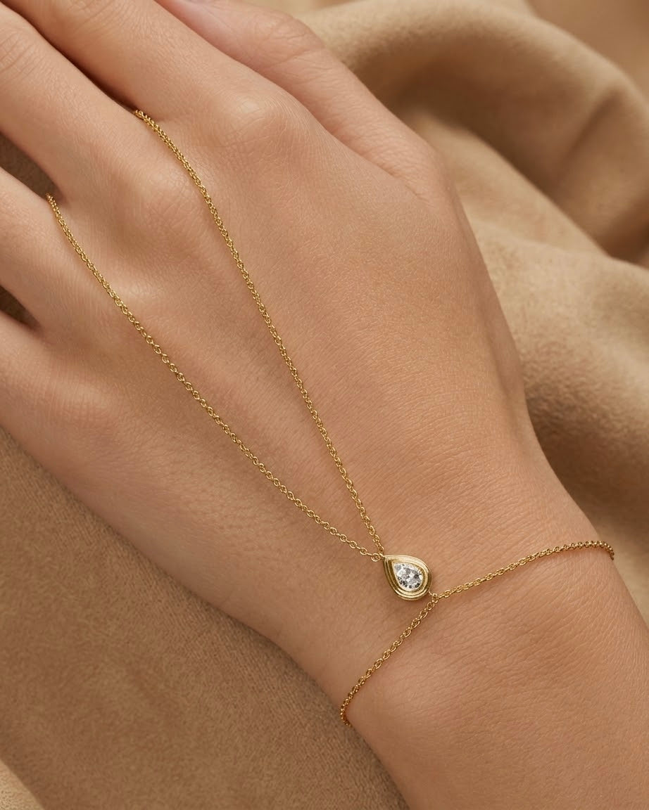 14K Gold 0.4ct Natural Diamond Pear Bezel Hand Chain