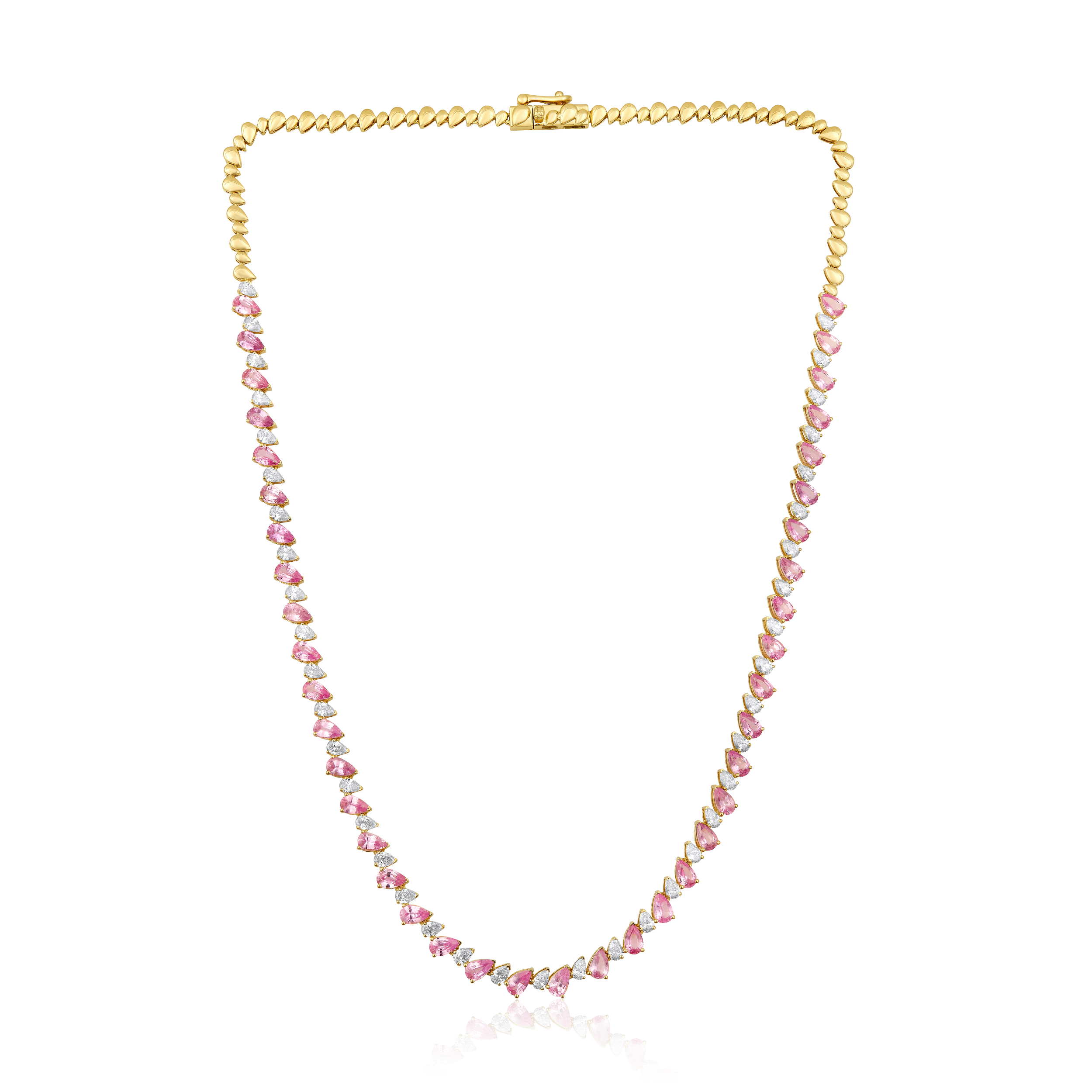 14K Gold 12.3ct Natural Diamond Pear Pink Sapphire Tennis  Necklace