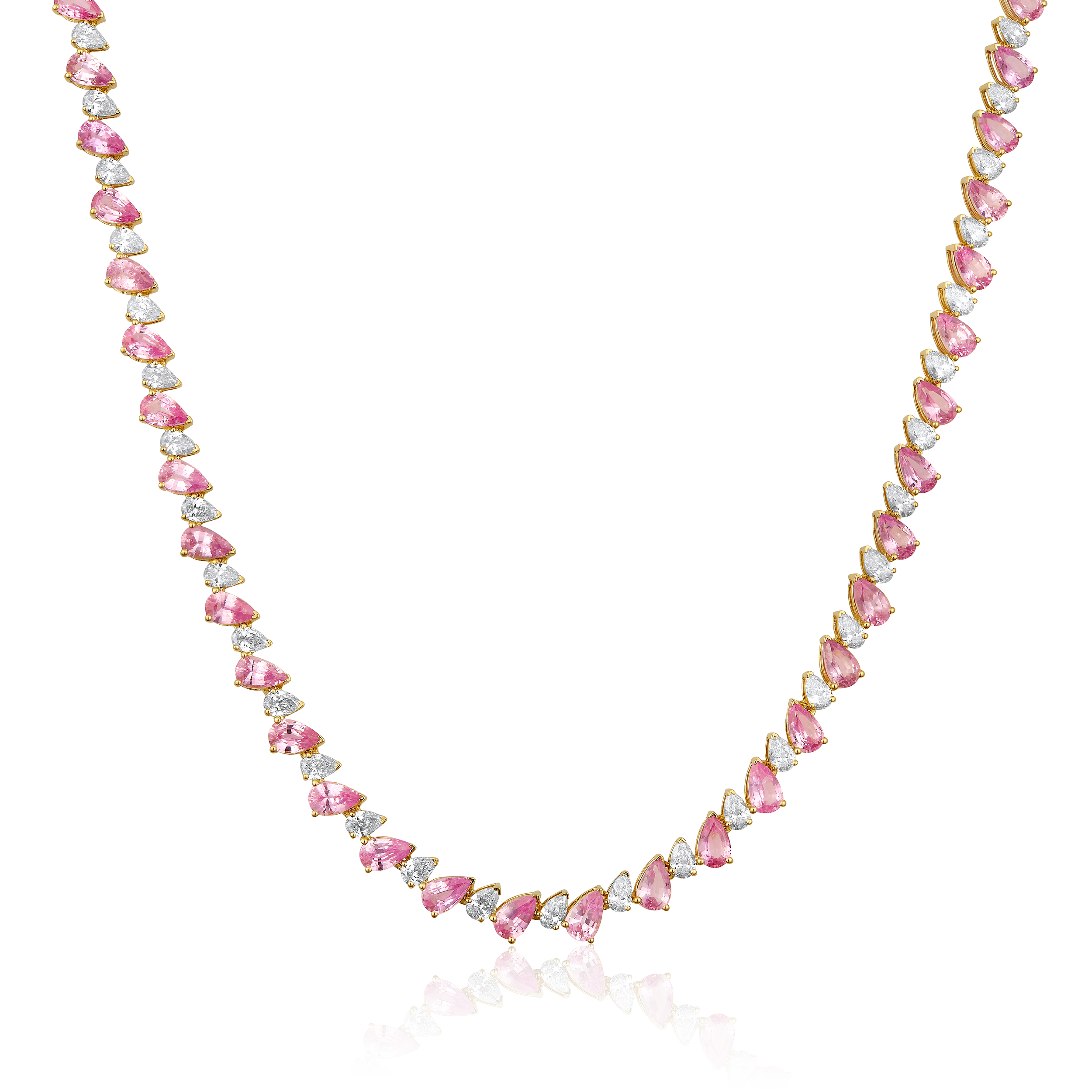 14K Gold 12.3ct Natural Diamond Pear Pink Sapphire Tennis  Necklace