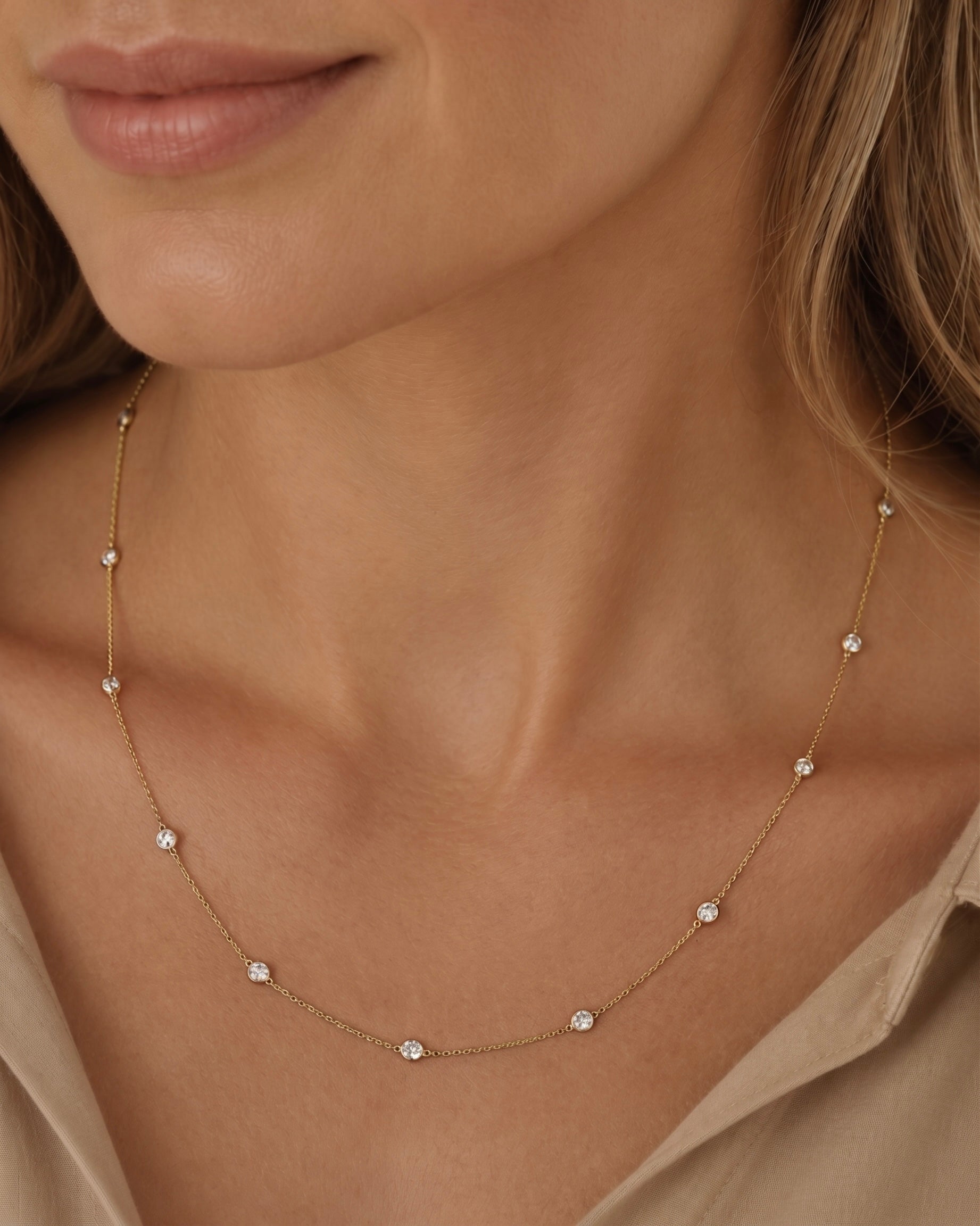 14K Gold 0.8ct Natural Diamond Bezel Station  Necklace