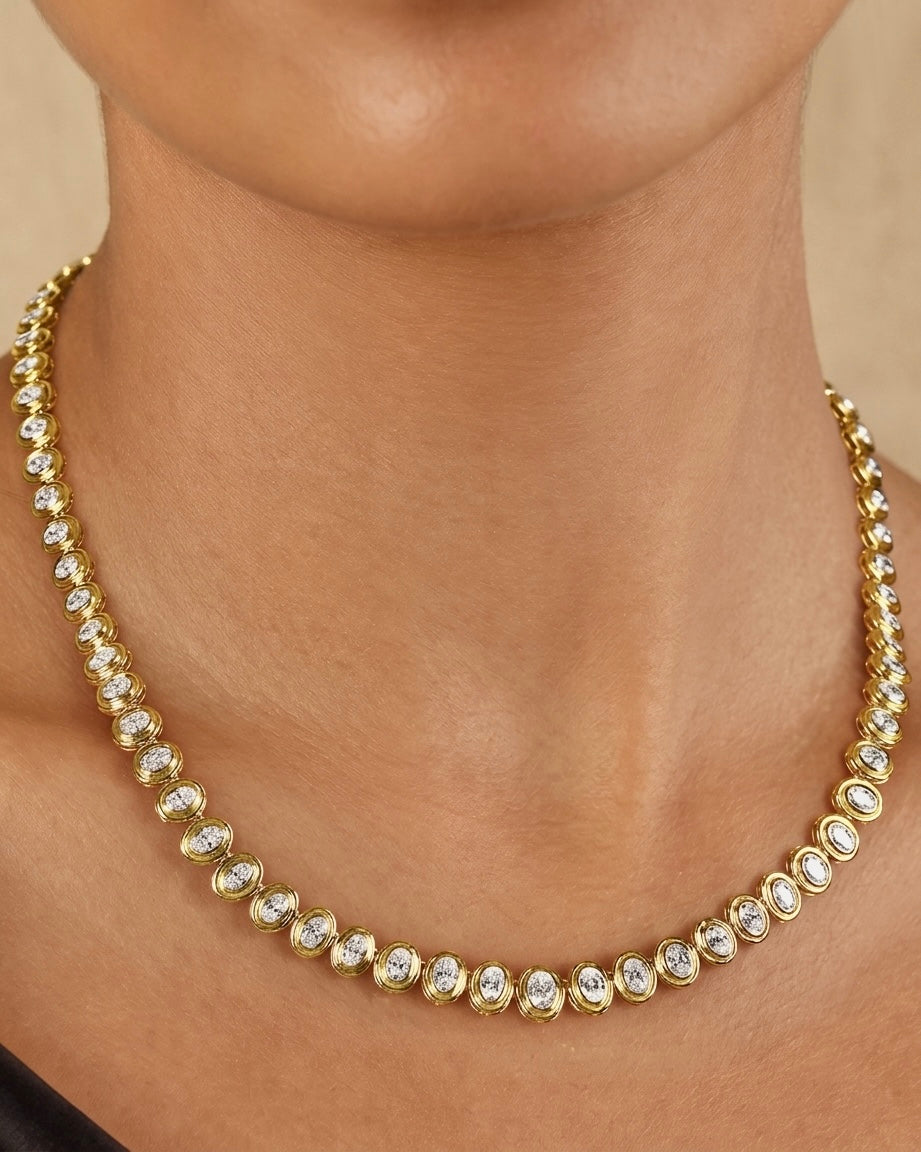14K Gold 8.4ct Natural Diamond Oval Bezel Tennis  Necklace